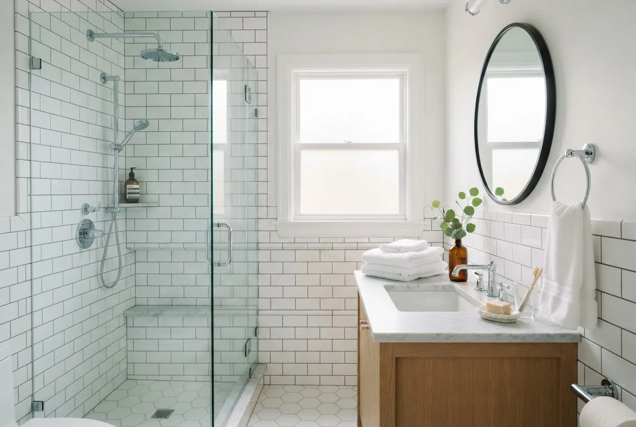 Deep cleaned bathroom with white subway tile, clear glass shower and folded white towels