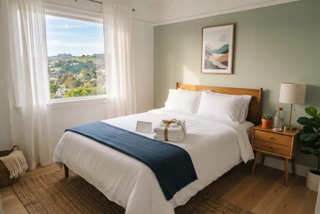 Guest-ready rental bedroom with crisp white bedding, fresh towels and a view of green East Bay hills