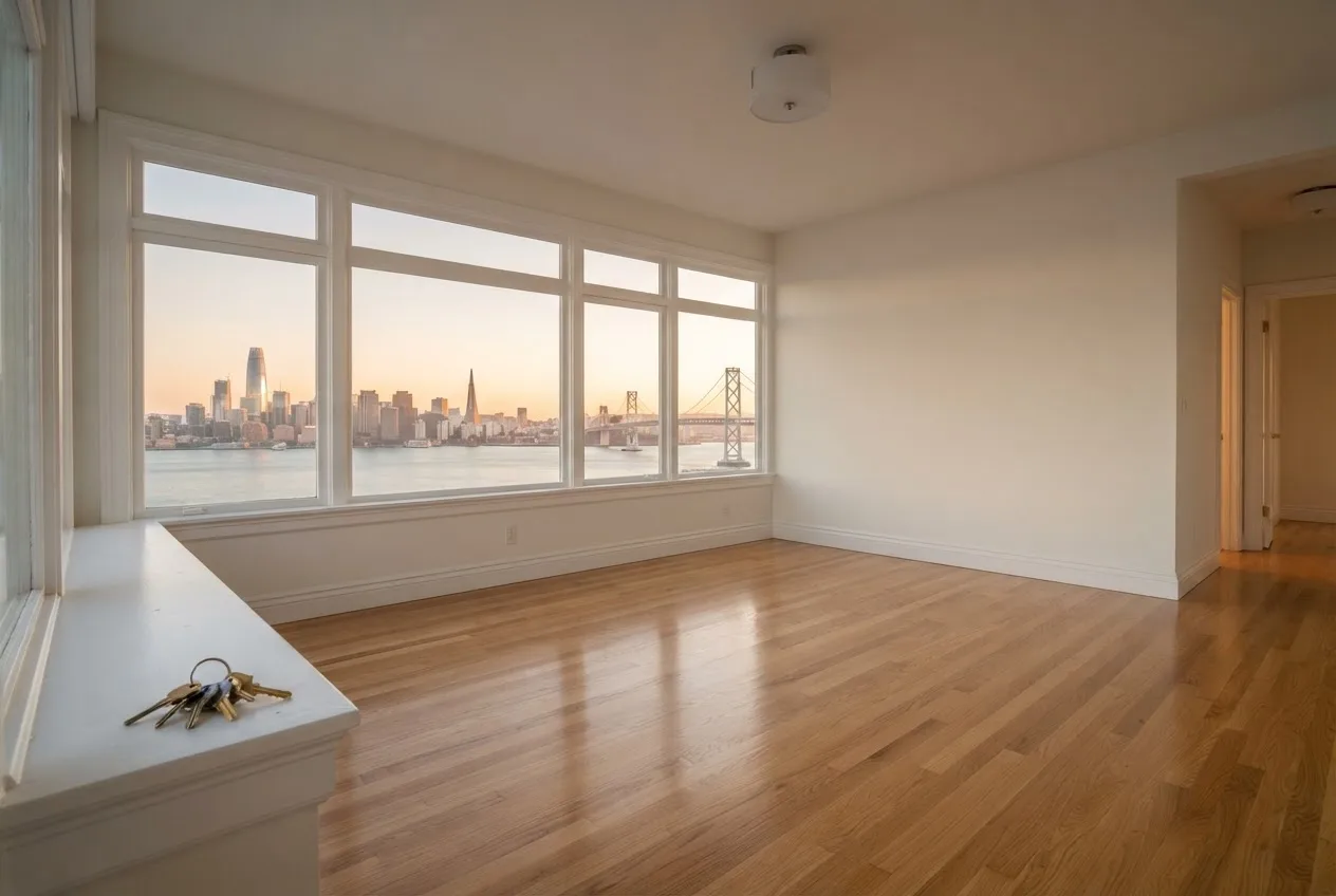 Empty, move-in ready apartment with shining hardwood floors and a view of the Bay Bridge at sunset