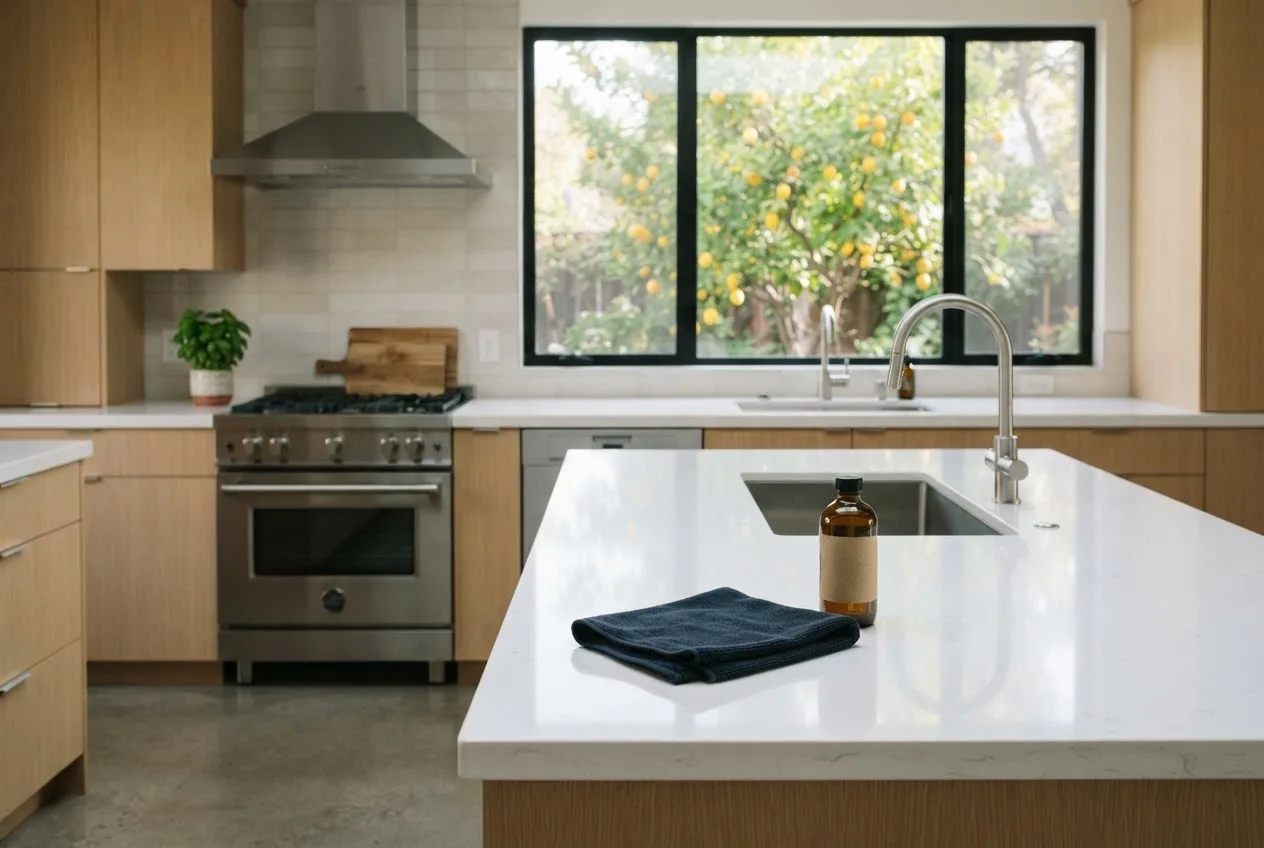 Spotless kitchen with gleaming white countertops, stainless steel appliances and a lemon tree outside the window