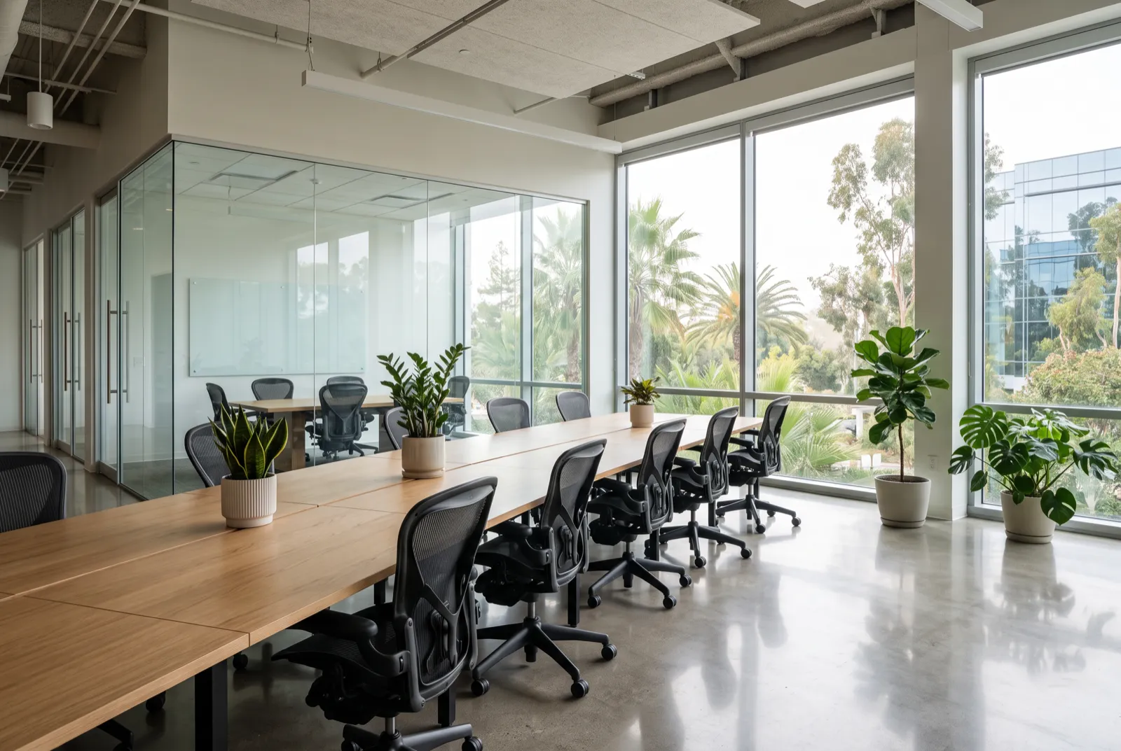 Freshly cleaned Silicon Valley office with aligned desks, a glass meeting room and palm trees outside the windows